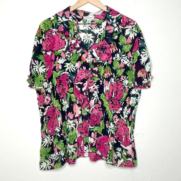 Dressbarn Womens Button Up Top 1X Pink Green Ruffle Office Crinkle Pleated Sheer - Picture 1 of 11